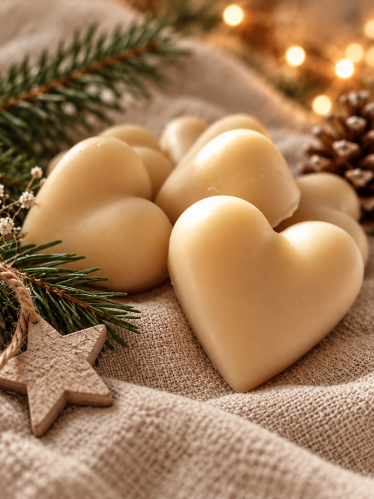 Christmas Beeswax Melts - heart shaped beeswax melts with pine sprigs, pinecone and wooden star